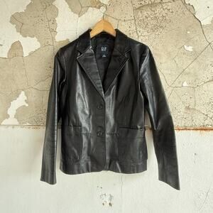 Y2K Leather Blazer Black GAP Tailored Minimalist Jacket Quiet Luxury 90s Size 10
